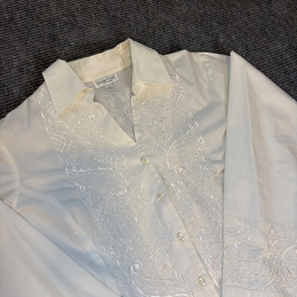 Coldwater Creek Embroidered Button Up Shirt Womens L White Floral Boho Top